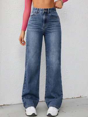 Retro dark blue  high-waisted straight-leg jeans for women