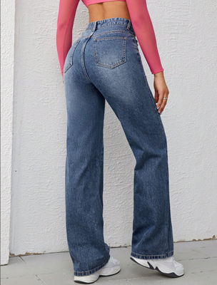Retro dark blue  high-waisted straight-leg jeans for women