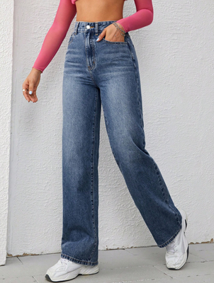 Retro dark blue  high-waisted straight-leg jeans for women