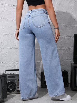 Light medium blue casual wide-leg jeans