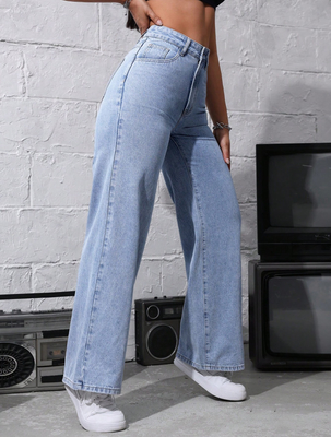 Light medium blue casual wide-leg jeans