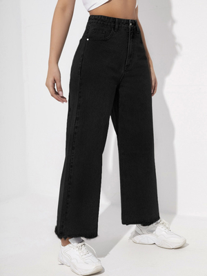 Black nine-point long wide-leg jeans