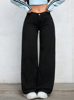 Lacquer black comfortable breathable denim pants for women