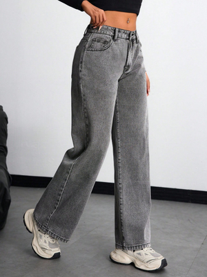 Medium grey comfortable breathable denim pants for women