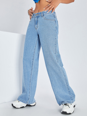 Medium blue comfortable breathable denim pants for women