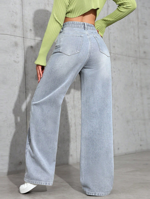 Powder blue high-waisted straight-leg jeans for women