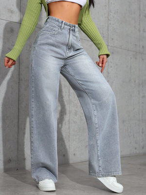 Powder blue high-waisted straight-leg jeans for women