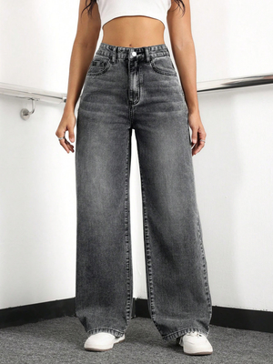 Light off-white high-waisted straight-leg jeans for women
