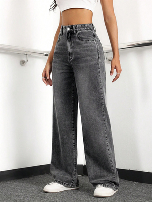 Light off-white high-waisted straight-leg jeans for women