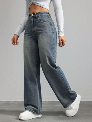 Prussian blue high-waisted straight-leg jeans for women