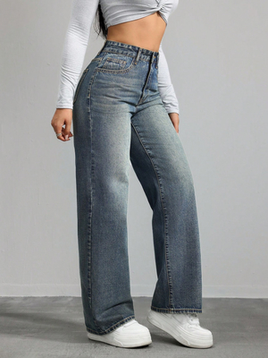 Prussian blue high-waisted straight-leg jeans for women