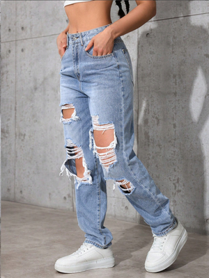 Light medium blue ripped denim pants