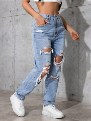 Light medium blue ripped denim pants