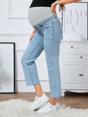 Light blue stretch high-waisted maternity jeans