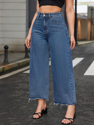 Vintage dark medium blue nine-point long wide-leg jeans