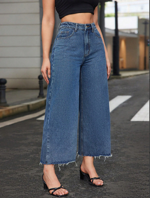 Vintage dark medium blue nine-point long wide-leg jeans