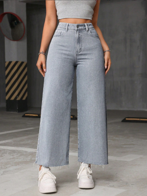 Smoky gray nine-point long wide-leg jeans