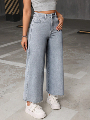 Smoky gray nine-point long wide-leg jeans
