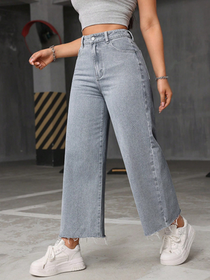 Smoky gray nine-point long wide-leg jeans