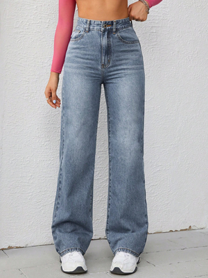 Nostalgia medium blue high-waisted straight-leg jeans for women