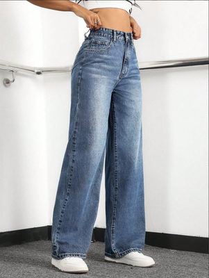 Sky blue high-waisted straight-leg jeans for women