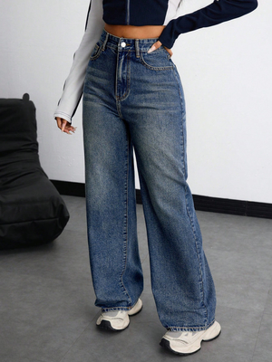 Magenta blue high-waisted straight-leg jeans for women