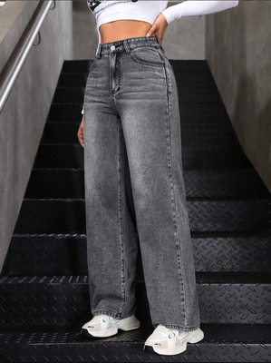 Silver gray high-waisted straight-leg jeans for women