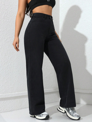 Dark black high-waisted straight-leg jeans for women