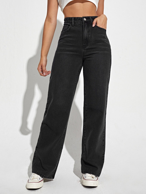 Black gray high-waisted straight-leg jeans for women