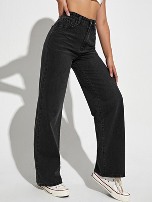 Black gray high-waisted straight-leg jeans for women