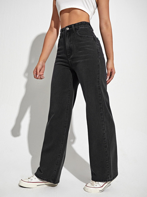 Black gray high-waisted straight-leg jeans for women