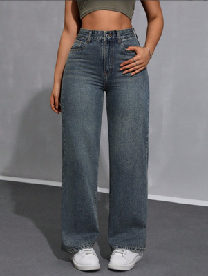 Dirty blue high-waisted straight-leg jeans for women