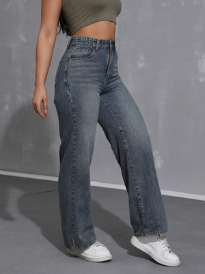 Dirty blue high-waisted straight-leg jeans for women