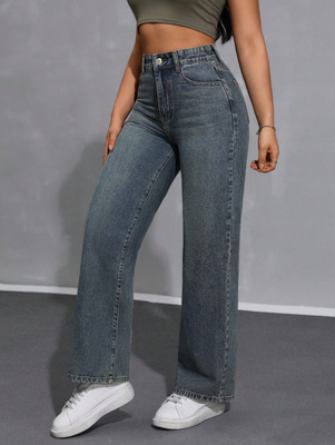 Dirty blue high-waisted straight-leg jeans for women