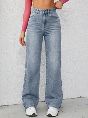 Retro light blue high-waisted straight-leg jeans for women
