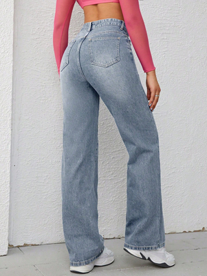 Retro light blue high-waisted straight-leg jeans for women