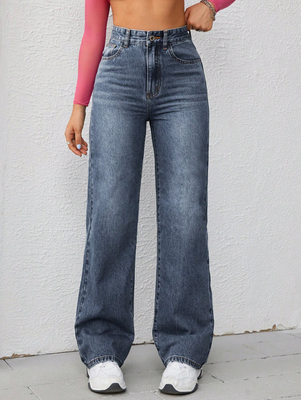 Dark blue high-waisted straight-leg jeans for women