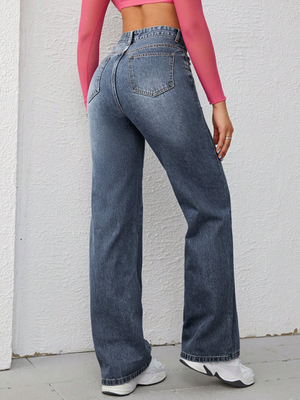 Dark blue high-waisted straight-leg jeans for women
