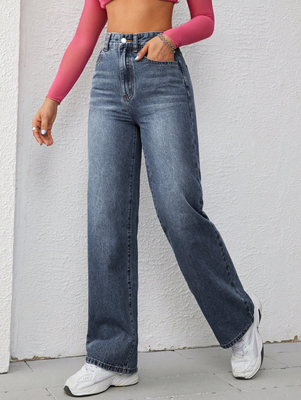 Dark blue high-waisted straight-leg jeans for women