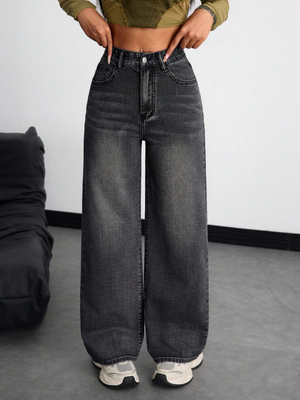Inky gray high-waisted straight-leg jeans for women