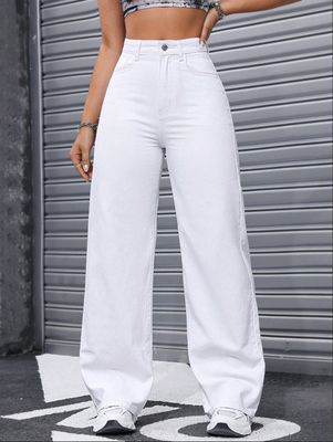 White high-waisted straight-leg jeans for women