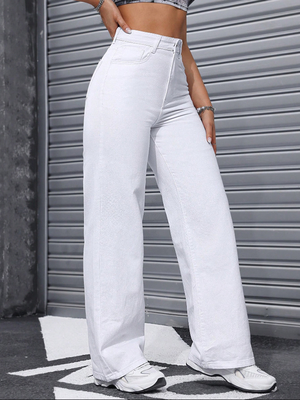 White high-waisted straight-leg jeans for women