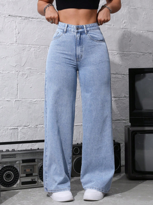 Light medium blue casual wide-leg jeans