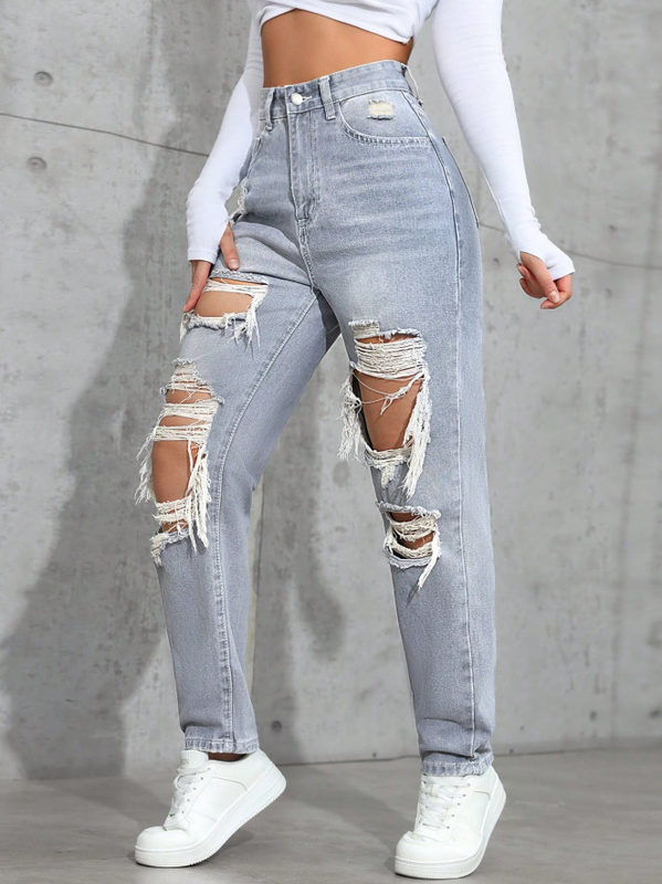 Smoky gray ripped denim pants