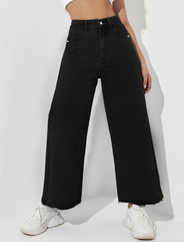 Black nine-point long wide-leg jeans