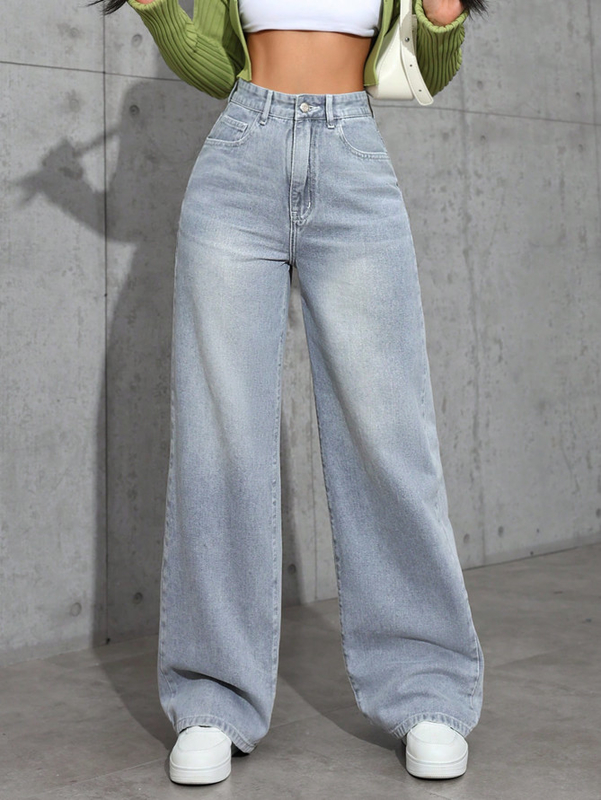Powder blue high-waisted straight-leg jeans for women