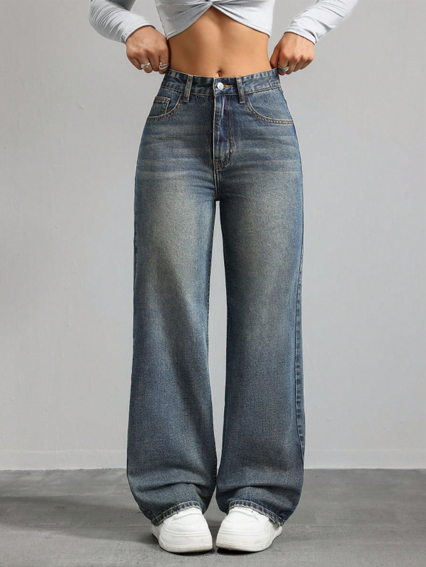 Prussian blue high-waisted straight-leg jeans for women
