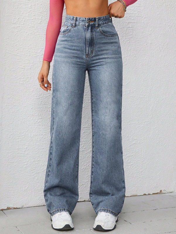 Nostalgia medium blue high-waisted straight-leg jeans for women