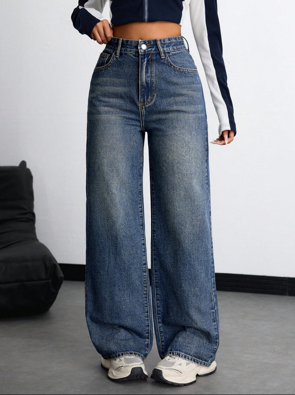 Magenta blue high-waisted straight-leg jeans for women