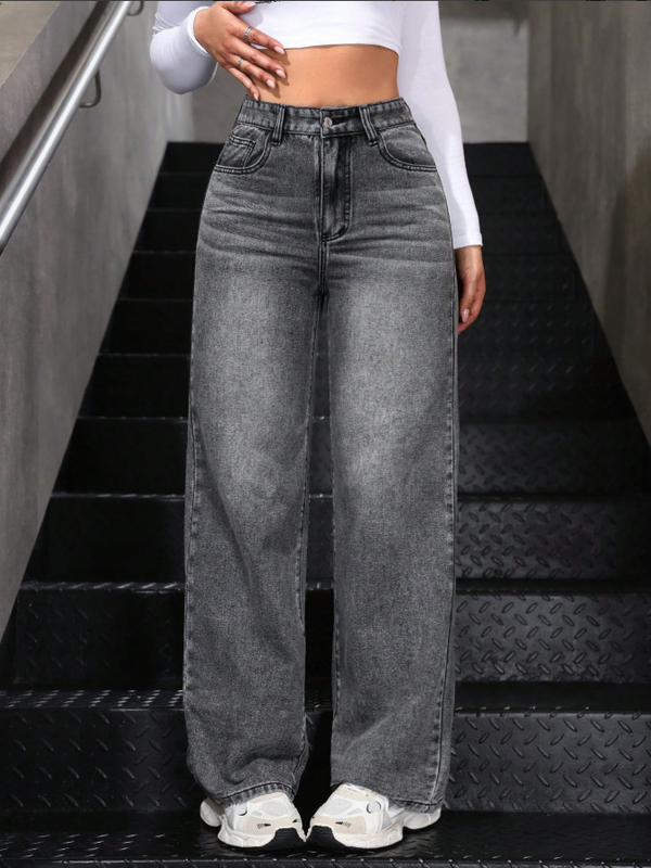 Silver gray high-waisted straight-leg jeans for women